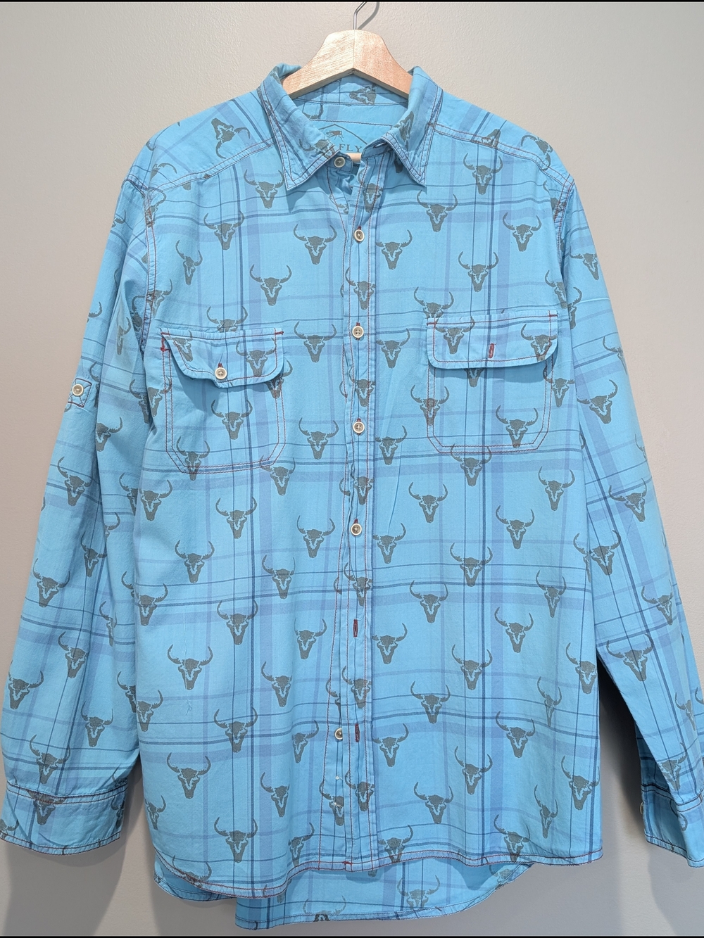 Western Shirt Barn Fly Men Large Blue Bull Skull Plaid Cowboy Rodeo Southwestern